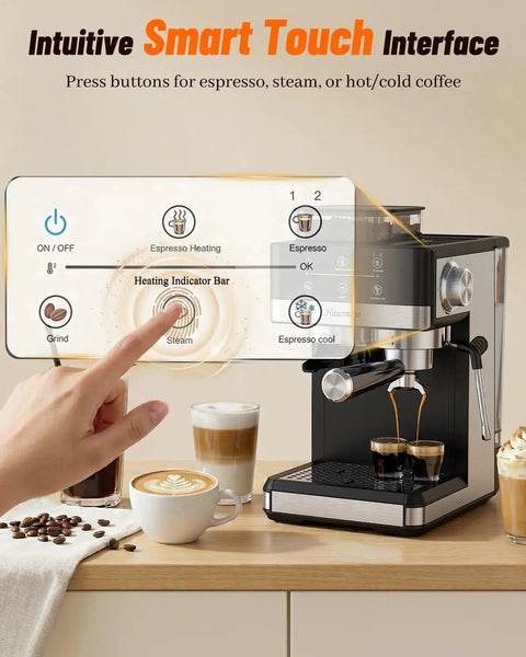 Straight Up Home Cafe Essential With Fully Integrated Bean Grinder And Heavy Duty 20 Bar Italian Pump For Perfect Latte Cappuccino And Quick Cold Brew Refills Daily touchscreen interface for espresso and steam selection