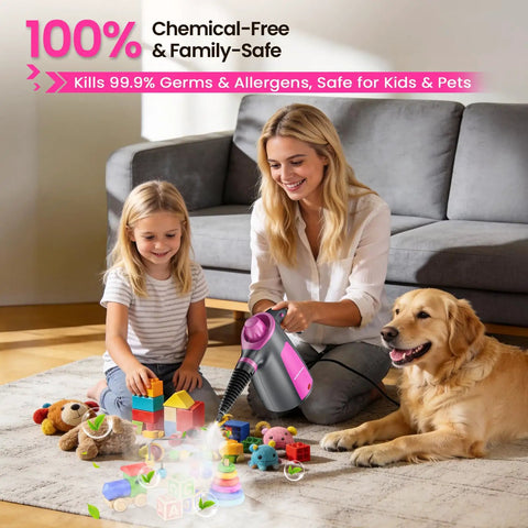 Heavy Duty Pressurized Handheld Steam Cleaner With 12 Piece Attachment Kit in action, cleaning toys around a child and a dog.