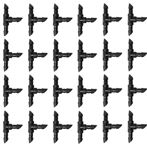 60 Pack 1/4 Inch Barbed Tee Fittings For Drip Irrigation Systems End Plug Connectors arranged in rows