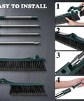 Heavy Duty Outdoor Push Broom With Hella Durable Stiff Bristles And 58 Inch Long Handle, assembly steps shown.