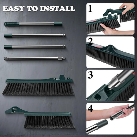 Heavy Duty Outdoor Push Broom With Hella Durable Stiff Bristles And 58 Inch Long Handle, assembly steps shown.
