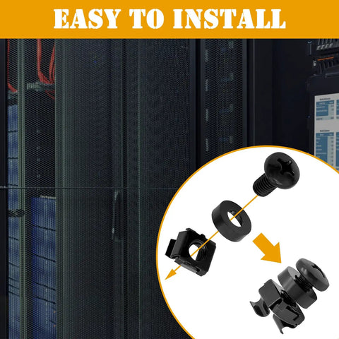 Image of 50 Pack Top Shelf Rock Solid M6 Rack Mount Cage Nuts And Hex Screws paired with lock washers easy to install.