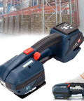 Heavy Duty Battery Strapping Gun Automatic Pp Pet Pallet Bundler Knockout Seal Fastener Kit With Dual Rechargeable Packs in warehouse setting.