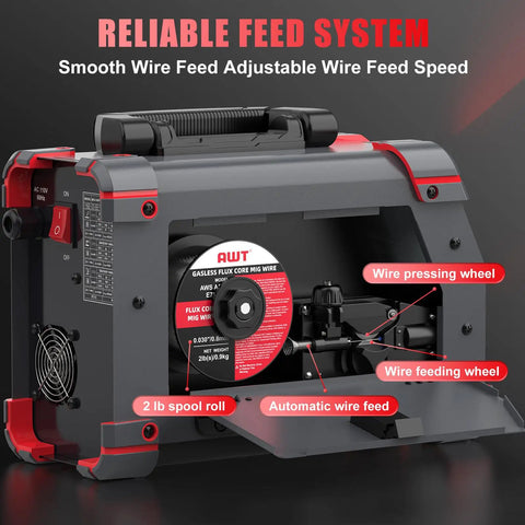 Side view of All In One MIG Welder With LED Display 110V Portable Gasless Welder showing wire feed system and spool roll.