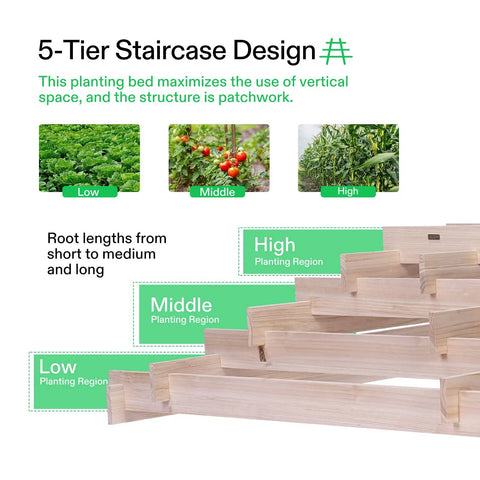 5-tier staircase design for Wooden Raised Garden Bed With Built In Trellis For Climbing Plants Outdoor Planter Box 48 by 24 by 30 inches