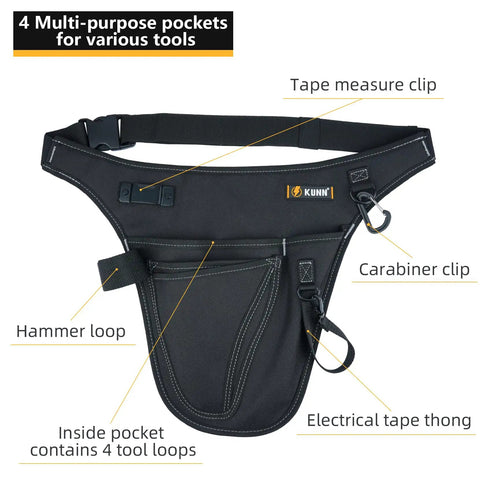 Garden Tool Organizer Belt With Four Pockets Multi Purpose Work Apron Pouch For Gardening Florists DIY Projects And Light Plumbing Heavy Duty Tool Carrier In Black, showing pockets and clips for tools.