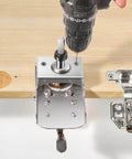 Pro Grade Concealed Door Hinge Jig For Precise Cabinet Door Mounting, 35mm Stainless Steel Locking Hinge Jig with drill in action
