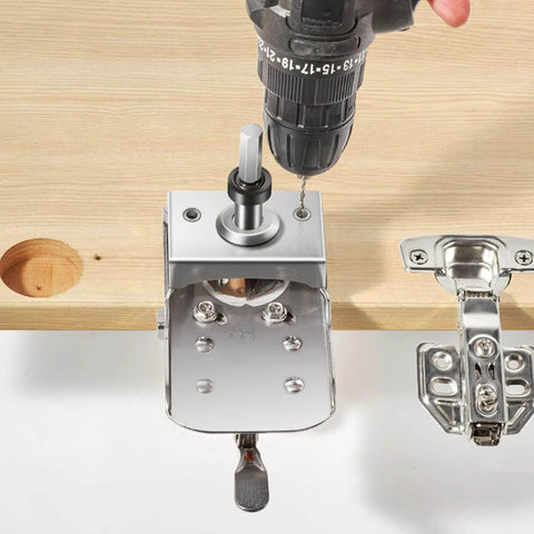 Pro Grade Concealed Door Hinge Jig For Precise Cabinet Door Mounting, 35mm Stainless Steel Locking Hinge Jig with drill in action