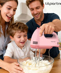 Family using light pink Hand Mixer Electric With Seven Speeds And Five Stainless Attachments Copper Motor in kitchen