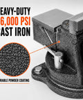 4 Inch Bench Vise With Cast Iron Body And Swivel Base Heavy Duty 36000 PSI Clamp 4 Inch Jaws Opening Up To Five And One Eighth Inches 130 Degree Swivel 2440 Lb Clamping Force Built In Anvil Three And Three Eighths By Three Inches Workhorse close-up cast iron body with powder-coated finish