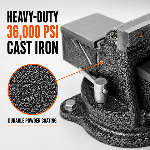 4 Inch Bench Vise With Cast Iron Body And Swivel Base Heavy Duty 36000 PSI Clamp 4 Inch Jaws Opening Up To Five And One Eighth Inches 130 Degree Swivel 2440 Lb Clamping Force Built In Anvil Three And Three Eighths By Three Inches Workhorse close-up cast iron body with powder-coated finish
