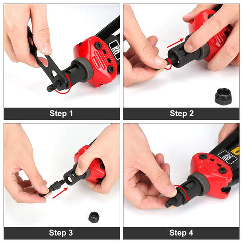Step-by-step guide showing Rivet Nut Tool Kit 16 Inch With Toolless Head Change Includes 12 Metric And SAE Mandrels And 176 Piece Rivet Nut Assortment Organized Storage For Quick Labor Saving Metalworking And Automotive Projects