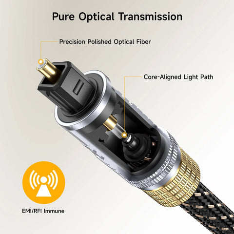 Close up of Premium Digital Toslink Audio Cable For Home Theater And Gaming, featuring precision polished optical fiber and gold tips.