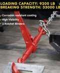 Heavy Duty Tie Down Set: 2 Pack Ratchet Chain Binders for 3/8 to 1/2 Inch Chains, 9200 LBS Working Load Limit, red binder in use