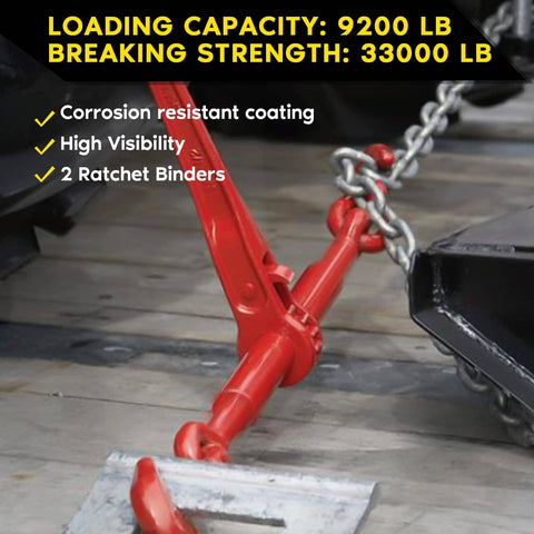 Heavy Duty Tie Down Set: 2 Pack Ratchet Chain Binders for 3/8 to 1/2 Inch Chains, 9200 LBS Working Load Limit, red binder in use