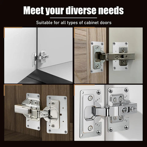 20-Piece Cabinet Hinge Repair Kit with Upgraded Half Square Plates and Screws in use on different cabinet doors