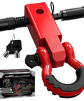 Heavy Duty 2 Inch Shackle Hitch Receiver Kit With Three Quarter Inch D Ring Shackle And Five Eighth Inch Trailer Hitch Lock Pin 45,000 Lbs Break Strength For Off Road Recovery Anti Theft Lock Red, shown with packaging and lock keys