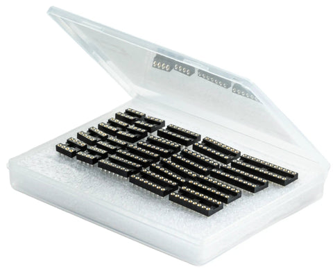 6 In 1 Narrow Body 2.54mm DIP IC Sockets Kit With Round Pin Solderable Headers, Breadboard Friendly And PCB Compatible, in open case