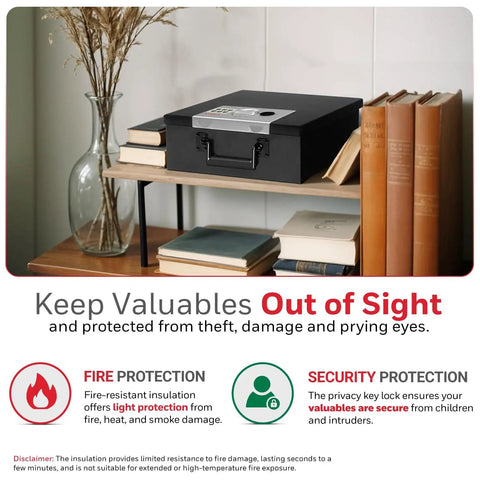 Compact Fireproof Safe Box With Digital Keypad Lock For Home Use, Stash Safe For Jewelry Cash And Important Documents, Built With Double Steel Walls, 0.26 Cu Ft Capacity, Black, displayed on a shelf among books.