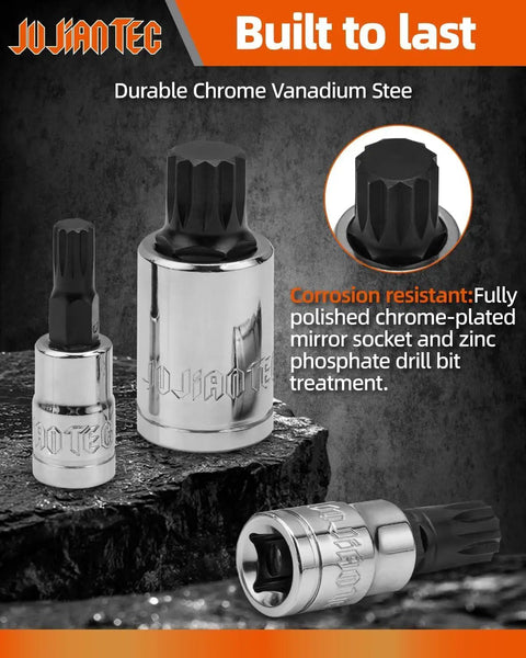 XZN Triple Square Spline Bit Socket Set 10 Piece Metric M4 To M18 in chrome vanadium steel with mirror finish shown