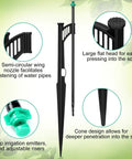 25 Pack Drip Irrigation Stakes With 180 Degree Wing Spray Emitters And One Quarter Inch Barbed Inlet Sprinkler Extension Risers For Garden Watering System, 13 Inch Adjustable Stakes, Green, detailed view highlighting features.