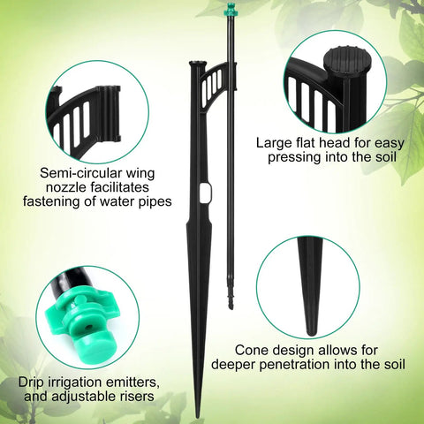 25 Pack Drip Irrigation Stakes With 180 Degree Wing Spray Emitters And One Quarter Inch Barbed Inlet Sprinkler Extension Risers For Garden Watering System, 13 Inch Adjustable Stakes, Green, detailed view highlighting features.