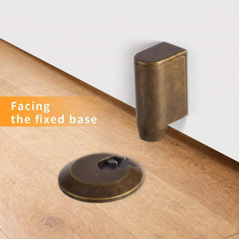 Premium Retractable Magnetic Door Stopper With Adjustable 0.4 Inch Base prevents slamming, showing fixed base on floor.