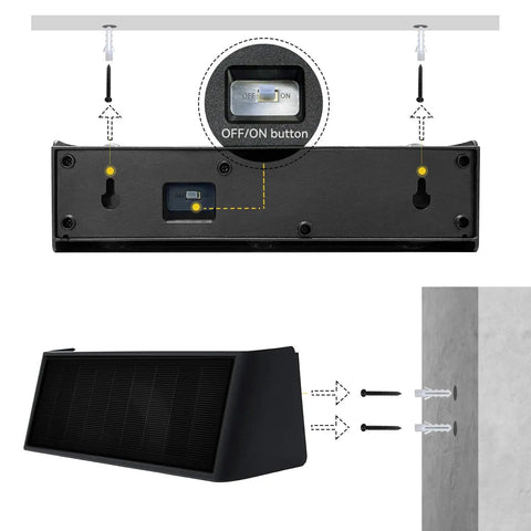 Installation view of Outdoor Solar Wall Light Up And Down Aluminum Sconce Waterproof Dusk To Dawn 3000K Warm White with mounting details