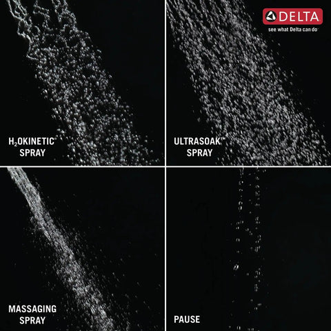 H2Okinetic 4-Setting UltraSoak Shower Head in Stainless Steel showing different water spray patterns, including drenching rainlike spray.