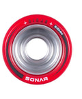 Top view of a Sonar Ninja Speed Roller Skate Wheel 62mm x 43mm Red 90A, durable urethane for outdoor skating, showing label details.