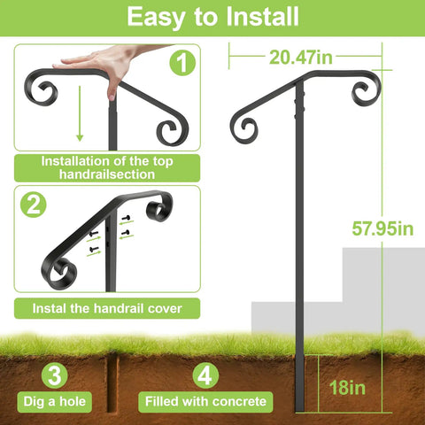 Installation guide for Heavy Duty Black Wrought Iron Single Step Handrail Rust Resistant In Ground Stair Railing for Porches and Decks.
