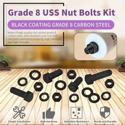 Tough As Nails Heavy Duty Carbon Steel Grade 8 Hex Bolts And Nuts Assortment Kit Coarse Thread Black Zinc Finish Washers 240 Piece Pro Level Fastener Set on wooden background.