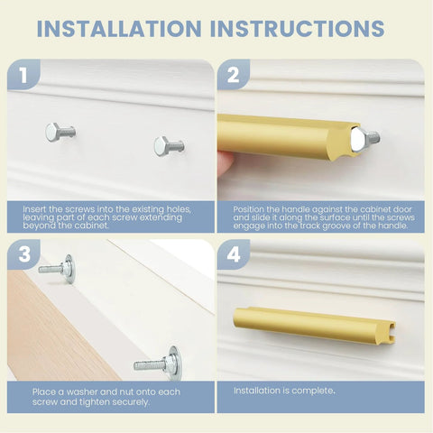 Installation instructions for 10 Pack Adjustable Cabinet Drawer Pulls 102mm 4 Inch Brushed Brass Drawer Handles