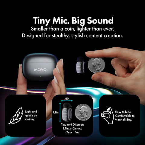 Hands holding a NanoMic Wireless Lavalier Microphone System charger case next to coin, highlighting compact size.
