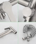 Close-up of brushed nickel finish and components of Wall Mount Kitchen Faucet With Side Sprayer, Workhorse Pro Grade Commercial Faucet