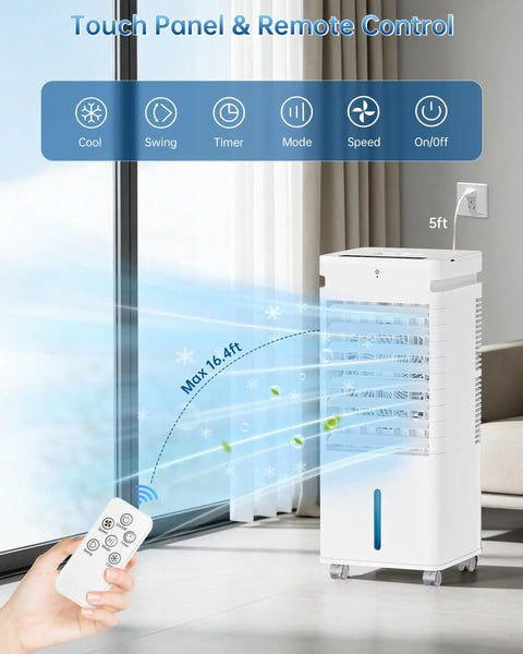 Portable Evaporative Air Cooler With Remote Control, Windowless Cooling Unit That Blows Cold Air, 5L Tank, 12 Speeds, 9H Timer