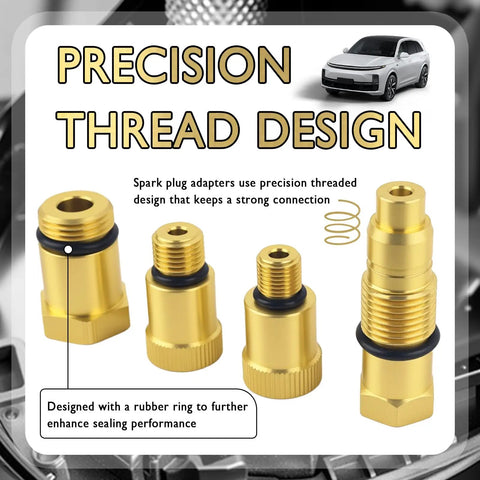 Shop-Ready Four Piece Compression Tester Adapter Kit With 10mm-1.0, 12mm-1.25, 16mm-1.5 And 18mm-1.5 Threads, precision thread design