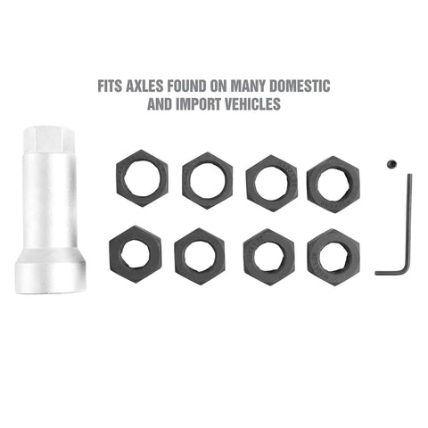 Axle Spindle Rethreading Tool Kit for Damaged Threads with Metric and SAE Chasers, hex nuts and tool shown