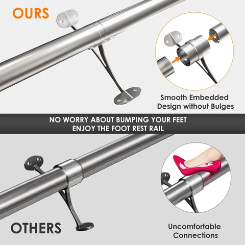 Comparison of stainless steel bar foot rail kit with polished finish and brushed brackets, showing smooth design and secure mounting.