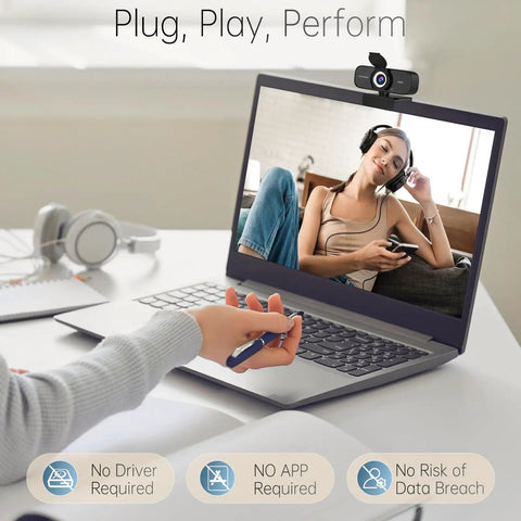 Sharp 1080P Hd Webcam With Noise Canceling Mic And Auto Light Correction Featuring Privacy Cover Wide Angle View Simple USB plug and play setup for laptop.