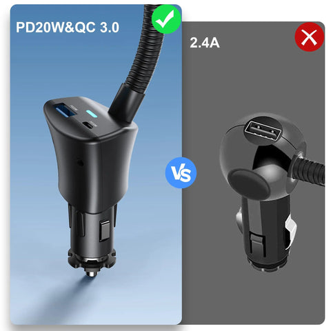 Heavy Duty 15W Fast Wireless Car Mount Charger That Plugs Straight Into Standard Cigarette Lighter Socket showing PD20W & QC 3.0 charging features.
