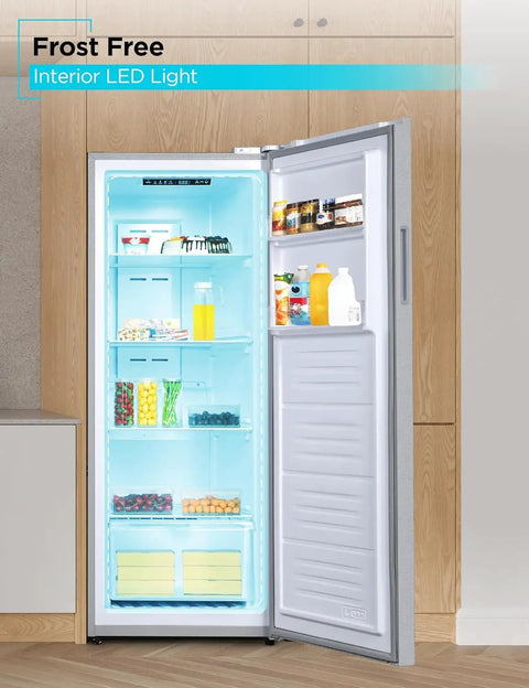 Interior view of 11 Cubic Foot Heavy Duty Workhorse Convertible Freezer And Refrigerator Standup Fridge With Glass Shelves and Reversible Door.