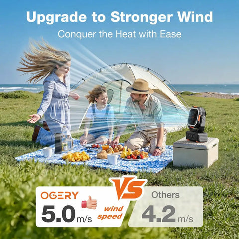 Family enjoying picnic with 30000mAh Portable Camping Fan With Remote And LED Lantern next to tent on a sunny day