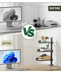 Before and after setup showing a 3 Tier Clamp On Desk Shelf With Height Adjustment And 360 Degree Rotatable Tray For Over Under Desk Storage Baffle Included Space Saving Black Office Organizer For Accessories next to a monitor on a desk.