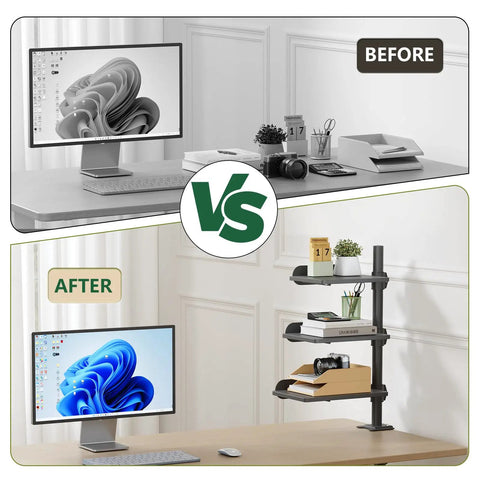 Before and after setup showing a 3 Tier Clamp On Desk Shelf With Height Adjustment And 360 Degree Rotatable Tray For Over Under Desk Storage Baffle Included Space Saving Black Office Organizer For Accessories next to a monitor on a desk.