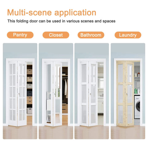 Multi-scene application for ready to install bifold closet door set for 64x80 openings with 3 lite tempered frosted glass panels
