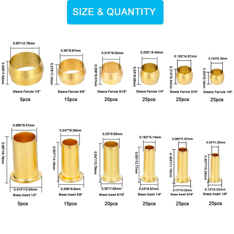 Brass compression fittings assortment kit, 6 sizes (1/8"–1/2"), ferrule, sleeve and insert set; includes 5/15/20/25 pcs.