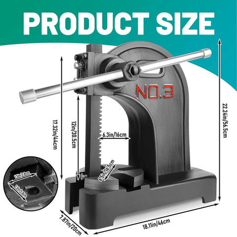 Badass 3 Ton Manual Arbor Press With Smooth Hand Wheel, Heavy Duty Cast Iron Frame And 12 Inch Capacity For Riveting Hole Punching, Bending And Metal Forming Projects Done Right Without The Hassle In Black, size and measurements.