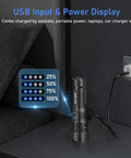 Rechargeable LED Flashlight 20,000 Lumens XHP70.2 Beam connected to USB power displaying charge levels