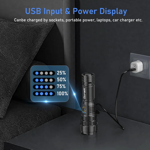 Rechargeable LED Flashlight 20,000 Lumens XHP70.2 Beam connected to USB power displaying charge levels